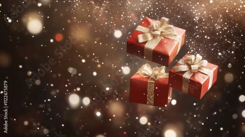 Wallpaper Mural Festive Red Gift Boxes with Gold Ribbons Floating in a Sparkling Winter Wonderland Background of Bokeh Lights and Snowflakes Torontodigital.ca
