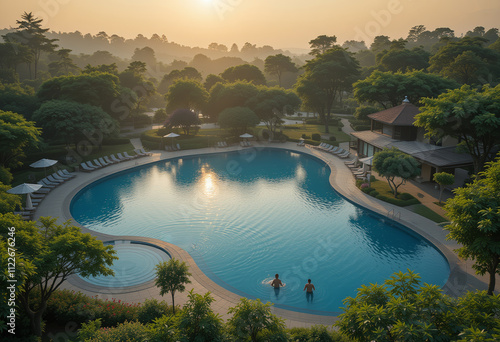 Sunrise pool with clear blue sky and luxury resort atmosphere, serene outdoor garden, relaxing getaway with deck and trees in summer vacation atmosphere photo