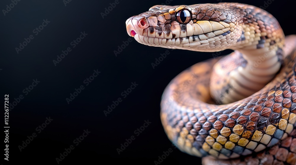 Year of Snake Chinese Zodiac Concept, Multicolored Snake with Distinctive Scales on a Black Background - Detailed and Vivid Close-Up Shot Year of Snake Chinese Zodiac Concept, Multicolored Snake with Distinctive Scales on a Black Background - Detailed and Vivid Close-Up Shot