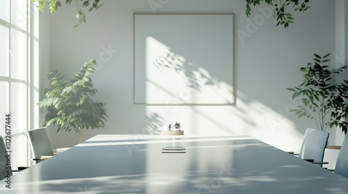 White Conference Table with Chairs, Plants, and Sunlight Streaming Through a Window