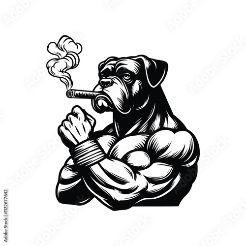 dog smoking with muscular muscles black and white illustration, hand drawn vector dog illustration for shirt design