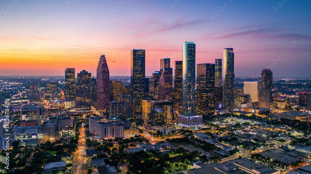 Fototapeta premium A drone shot of a bustling metropolitan skyline at dusk with lights twinkling.