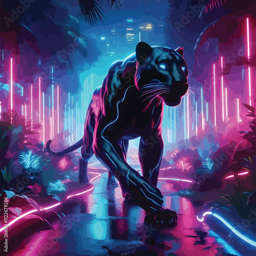 black panther on the road and follows the jungle and city art Digital lion art illustration image