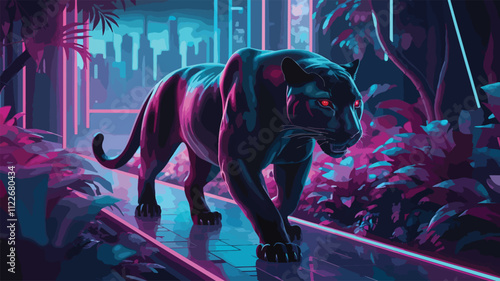 black panther on the road and follows the jungle and city art Digital lion art illustration image