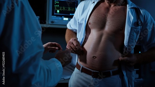 A male patient being examined by a doctor, focusing on the abdomen area.