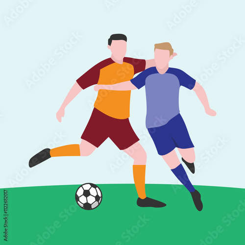 Flat Design Illustration of Players Tussling for Ball