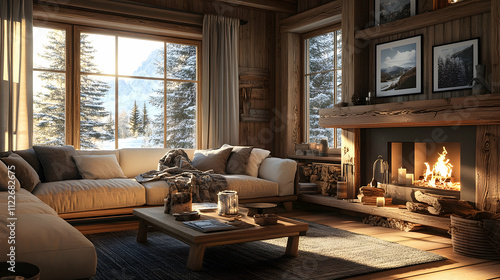 Wallpaper Mural Cozy winter living room with fireplace scenic mountains interior design rustic ambiance warm lighting comfort and relaxation Torontodigital.ca