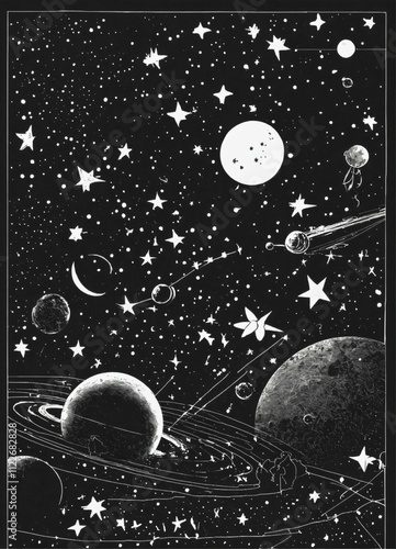 black and white Stencil of cartoon like constellation in space with stars, planets, shooting stars and moon photo