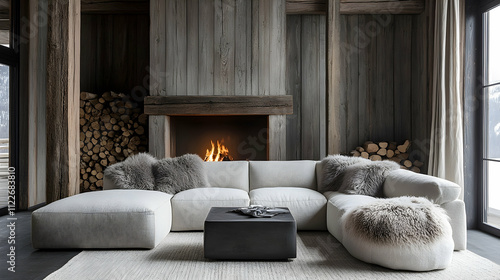 Cozy living room with modern sofa mountain cabin interior design rustic atmosphere wide angle comfort and style