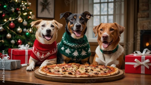 Photo of three cheerful dogs in Christmas sweaters sitting around a pizza with festive decorations and a glowing Christmas tree in the background