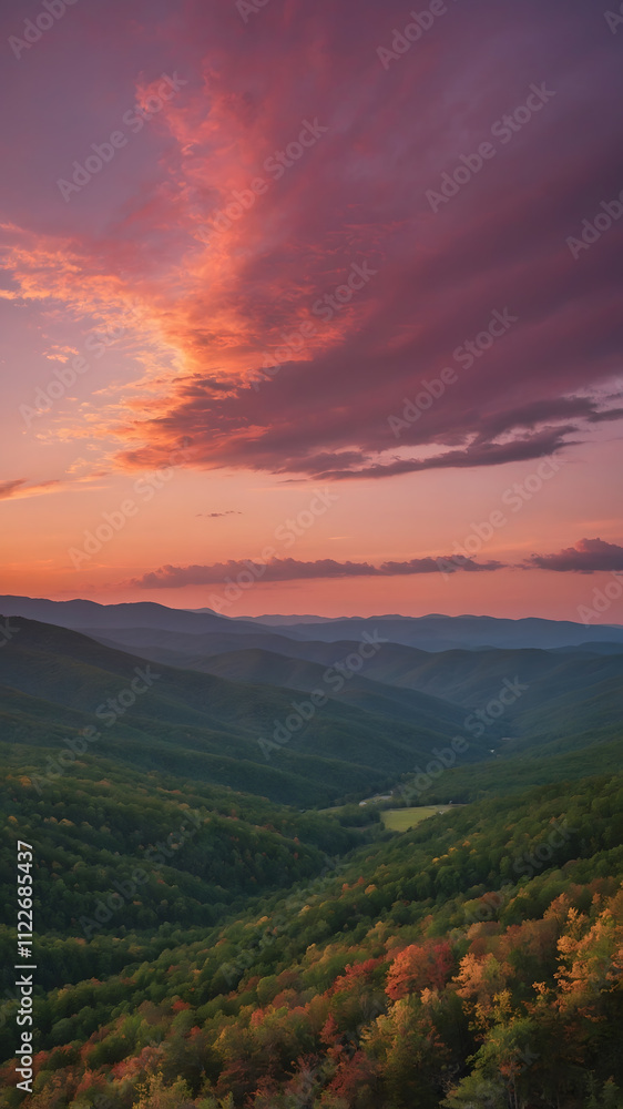 Obraz premium Scenic Mountain Landscape at Sunrise with Misty Valley and Clouds