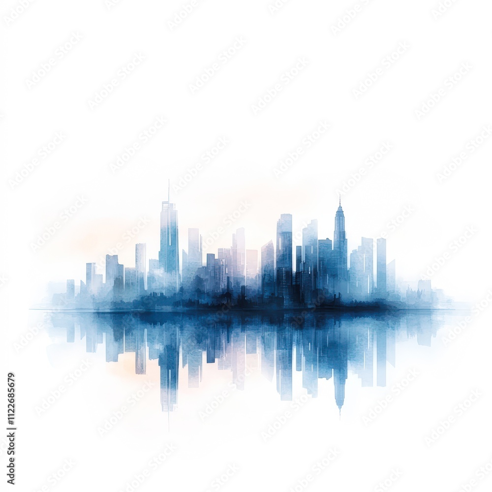 Fototapeta premium A serene watercolor depiction of a city skyline with reflected buildings in soft blues and grays, perfect for backgrounds, website banners, and promotional materials highlighting urban life,
