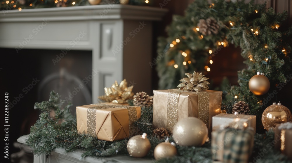 A Christmas wreath is hanging above a mantle with a fireplace. Generative AI A Christmas wreath is hanging above a mantle with a fireplace. Generative AI