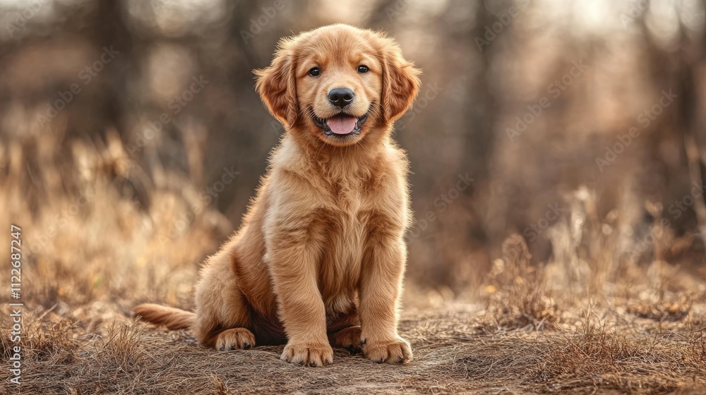 Obraz premium A happy golden retriever puppy sitting in a beautiful pose, showcasing its adorable features and playful spirit