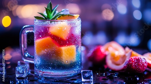 Vibrant layered fruit cocktail in a glass mug with ice, garnished with pineapple and served on a dark surface with fresh fruit.