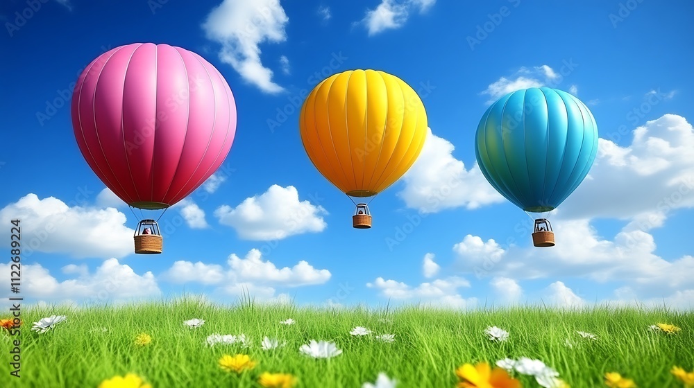Fototapeta premium Three Colorful Hot Air Balloons Float Above Green Field