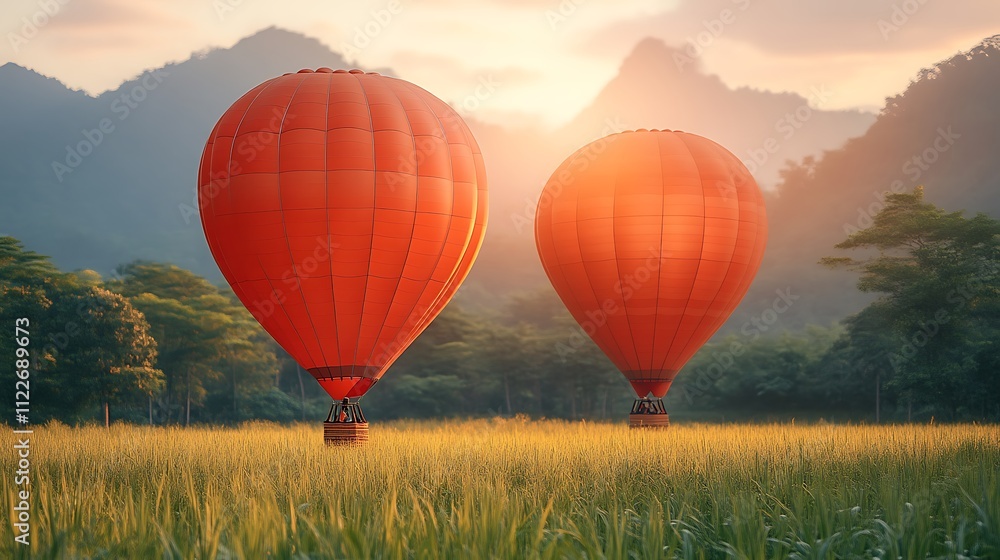 Naklejka premium Two Orange Hot Air Balloons Over Golden Field