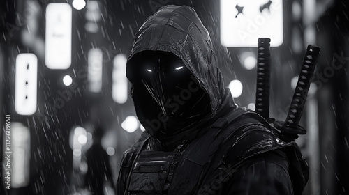 Mysterious hooded figure with glowing eyes and swords, standing in a neon-lit rainy urban environment photo