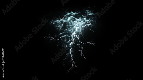striking lightning bolt captured mid strike against dark background, showcasing intricate branching patterns and glowing electric energy in dramatic display of nature power