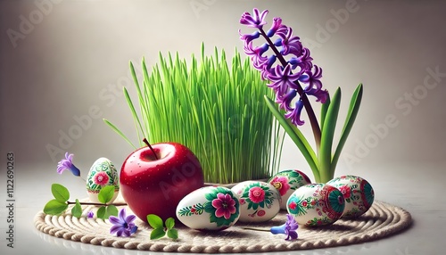 Macro Photorealistic Still Life: Nowruz Symbols with Green Wheat Grass, Hyacinth, and Decorated Eggs