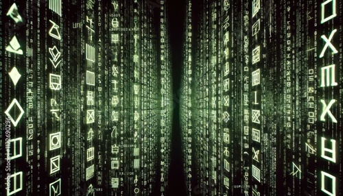 架空の文字が並ぶサイバー空間のイメージ