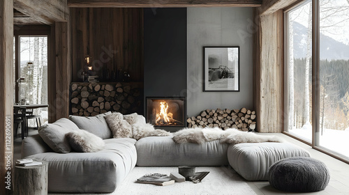 Cozy winter living room with fireplace mountain cabin interior design warm atmosphere inviting view comfort and style for relaxation
