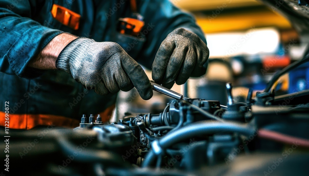 Mechanic repairing a car engine carefully with tools Mechanic repairing a car engine carefully with tools