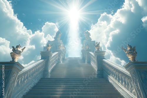 A giant staircase leading to heaven, with clouds and sunlight shining above it photo