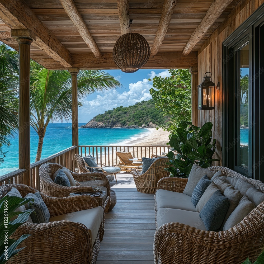 Fototapeta premium A serene beachfront view from a cozy porch with wicker furniture and tropical surroundings.