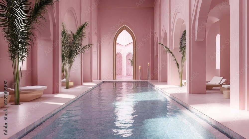 Fototapeta premium A indoor beautiful pool in a minimalist arabic style construction in pink tones with palm trees