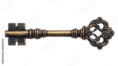 Ornate vintage key, intricate design, bronze finish, isolated on white background, symbol of mystery and heritage. Isolated on white background or PNG photo