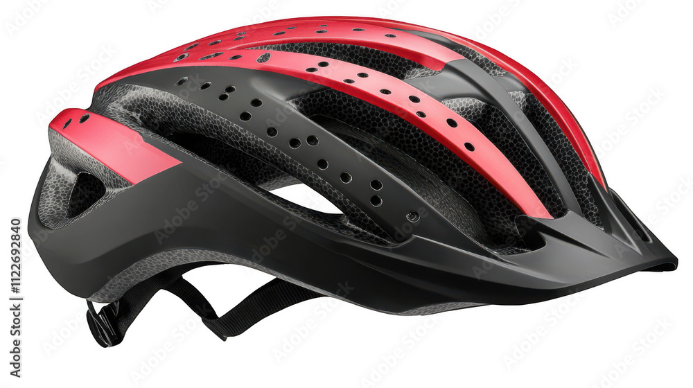 Fototapeta premium Red Black Bicycle Helmet, Aerodynamic Design, Safety Gear, Ventilated Structure, Lightweight, Sleek Profile Isolated on white background or PNG