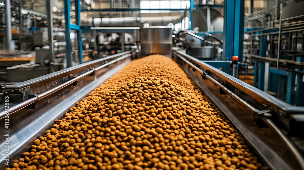 Manufacturing process of pet food in industrial facility production line high-tech environment close-up view efficiency concept Manufacturing process of pet food in industrial facility production line high-tech environment close-up view efficiency concept