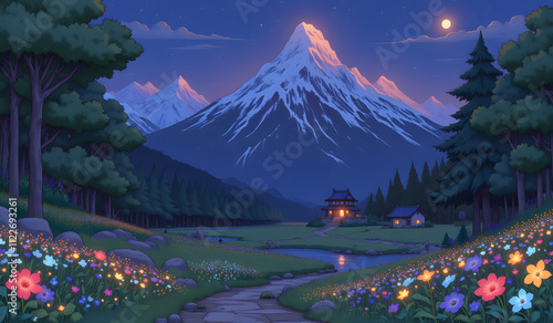 A peaceful night scene with a glowing temple near a stream, vibrant flower fields, lush forests, and majestic snow-covered mountains under a bright moonlit sky.