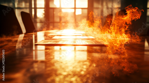 Silhouetted image of flaming financial documents on boardroom table, with sunlight streaming through windows, creating dramatic and intense atmosphere