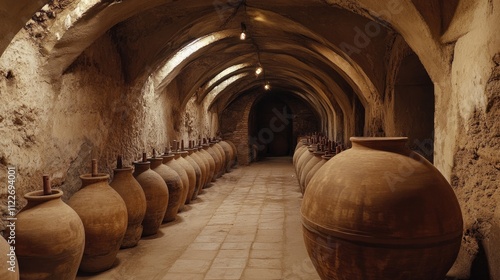 a kvevri (qvevri) in a Georgian winery, showcasing the beautiful craftsmanship of the clay vessel, symbolizing the rich wine culture and historical roots of winemaking in the region.