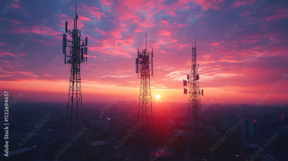 Fototapeta premium Three tall towers with a sunset in the background