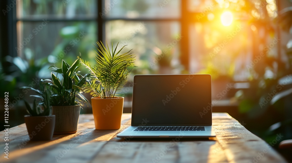 Fototapeta premium A laptop is on a table next to a potted plant