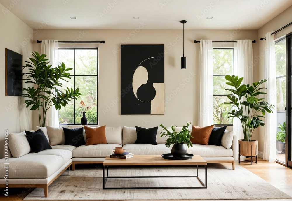 Fototapeta premium Contemporary Minimalist Living Room with White Sofa, Abstract Art, and Natural Light