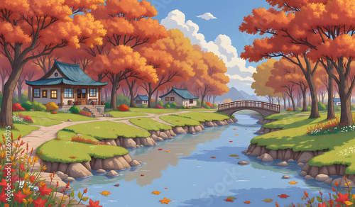 A serene autumn village scene with vibrant orange trees, a cozy house, a gentle stream, a wooden bridge, and a clear blue sky. The landscape is calm and colorful.