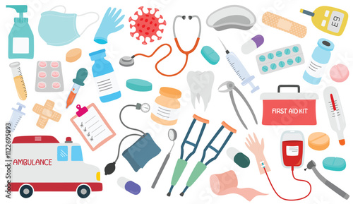 Medical equipment design elements set isolated on white background.