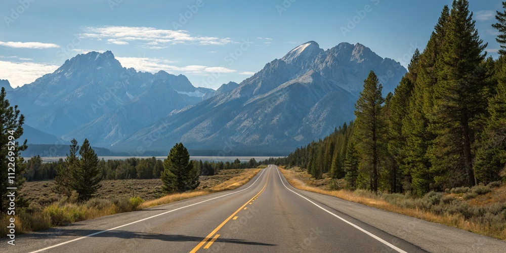 Fototapeta premium Empty stretch of asphalt road running parallel to a mountain range with a clear blue sky above and pine trees in the foreground, empty highway, calmness