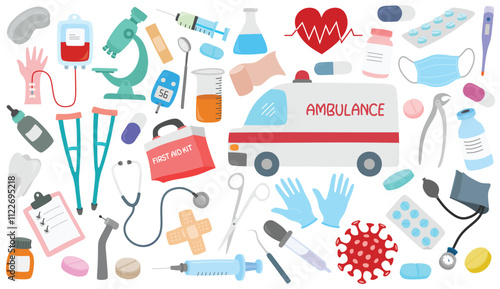 Medical equipment design elements set isolated on white background.