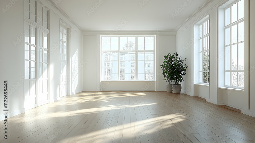 Fototapeta premium Bright minimalist interior design modern apartment photography light-filled room wide angle serenity and tranquility