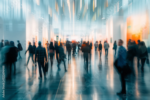 Blurred silhouettes of people at an exhibition hall during a trade show or expo event. Business convention show or job fair. Business concept background. photo