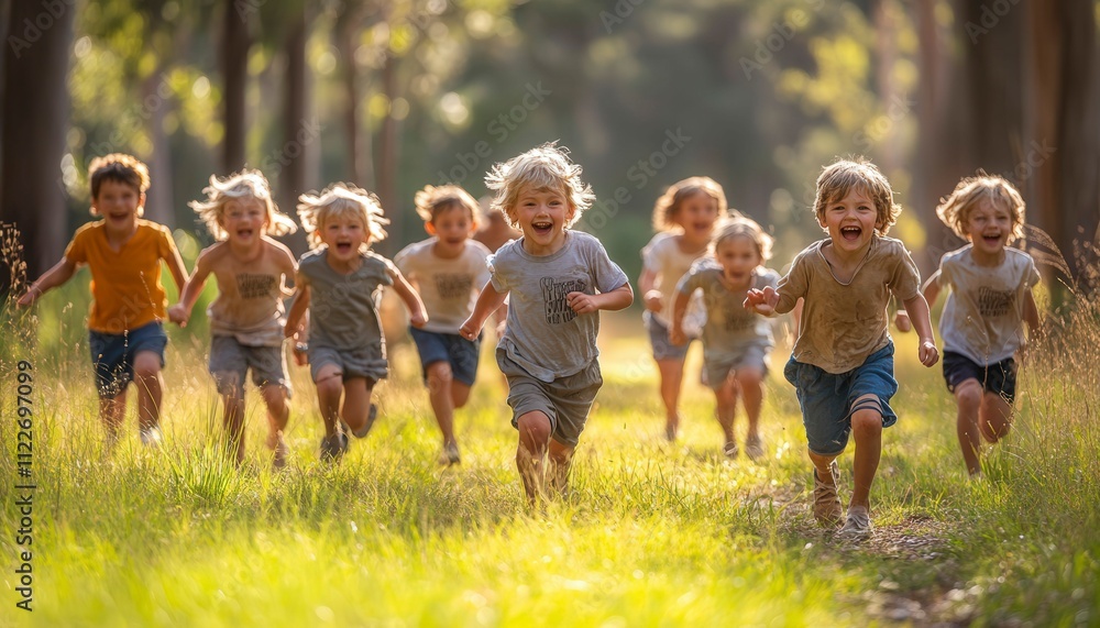 Fototapeta premium Joyful Children Running Through Sunny Meadow