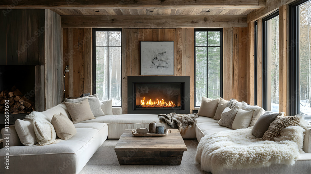 Fototapeta premium Cozy living room with modern fireplace rustic cabin interior design winter retreat wide angle comfort and warmth