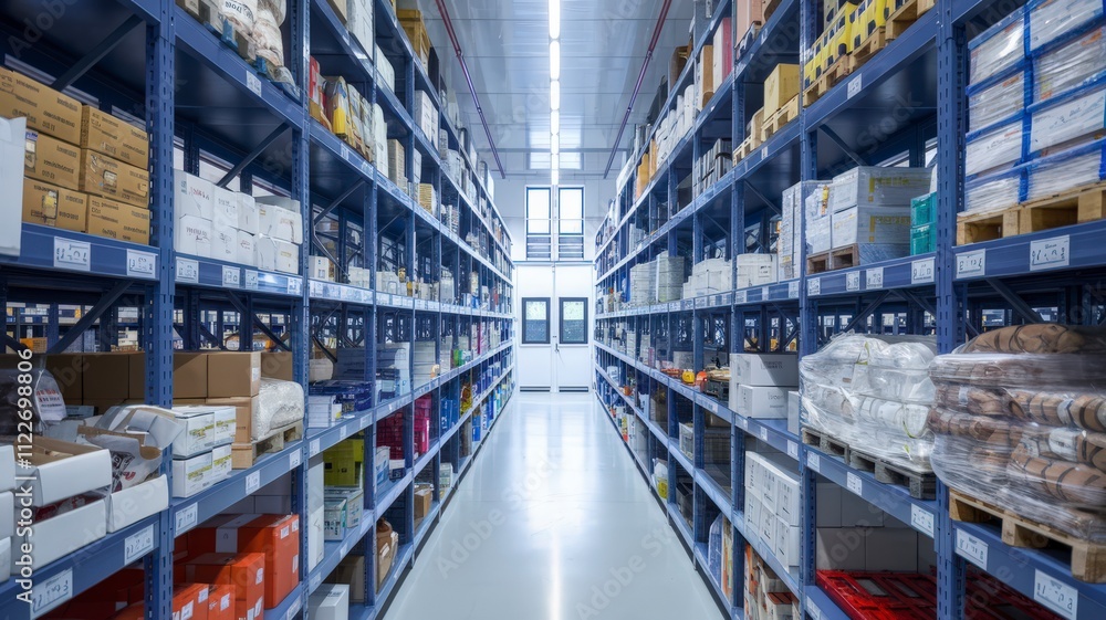 Efficient storage solutions wide-angle view of a clean warehouse with organized shelving impacting business Efficient storage solutions wide-angle view of a clean warehouse with organized shelving impacting business