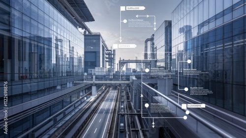 Supply chain flowchart insights modern city infrastructure infographic design urban environment aerial view system efficiency