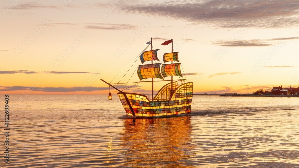 Obraz premium Artistic stained glass ship sailing at sunset a stunning coastal installation with captivating views and tranquil vibe